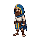 pixel warrior side view, blue hood with gold stripe, blue cape, white tunic, brown beard, muscular, brown sandals.