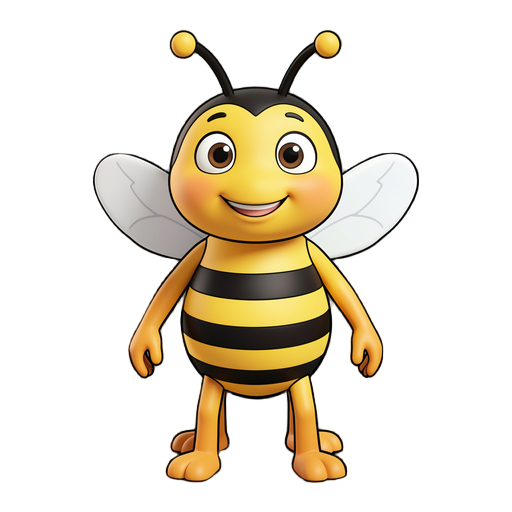 "charismatic cartoon-style bee" translates to "charming, friendly 3d cartoon character of a honey bee, with rounded features, large expressive eyes, clear smiling mouth, isolated, perfect for dialogue in a children's educational game" in english, as shown