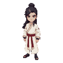 a young wuxia warrior with an elegant and mysterious appearance, wearing a traditional chinese white robe. his long, dark hair flows over his shoulders, and his gaze is calm yet determined.