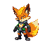 crie um personagem de jogos de plataforma que e um fire fox com calda flamejante e roupas tcnologicas e um arco de energia verde ao inves de uma lanca 