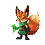 crie um personagem de jogos de plataforma que e um fire fox com calda grande e roupas de arqueiro e um arco de energia verde ao inves de uma lanca 