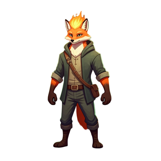 crie um personagem de jogos de plataforma que e um fire fox com calda grande e roupas de arqueiro e um arco de energia verde ao inves de uma lanca 