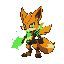 crie um personagem de jogos de plataforma que e um fire fox com calda flamejante e roupas tcnologicas e um arco de energia verde ao inves de uma lanca 