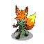 crie um personagem de jogos de plataforma que e um fire fox com calda flamejante e roupas de arqueiro um arco de energia verde 