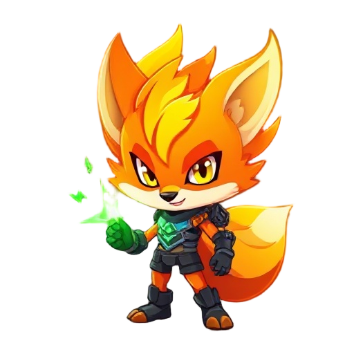 crie um personagem de jogos de plataforma que e um fire fox com calda flamejante e roupas tcnologicas e um arco de energia verde ao inves de uma lanca 