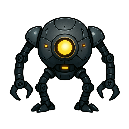 crie um sprite 2d top-down de robô inspirado nos omnidroids de os incríveis (2004). corpo metálico, compacto, múltiplos braços mecânicos articulados, detalhes tecnológicos, luzes, tons cinza e amarelo, estilo limpo e ameaçador, visual futurista."