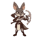 crie um personagem que seja uma raposa guerreira que use uma espada e um arco com flechas.