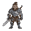 a warrior with a iron armor and a silve sword and his hand