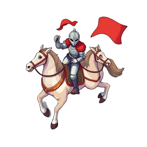fantasy knight riding a galloping horse holding a waving banner
