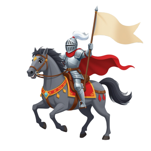 fantasy knight riding a galloping horse holding a waving banner