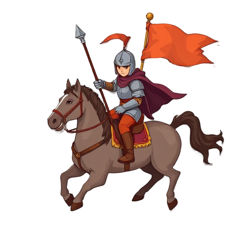 fantasy knight riding a galloping horse holding a waving banner