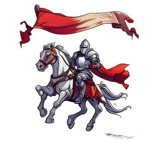 fantasy knight riding a galloping horse holding a waving banner