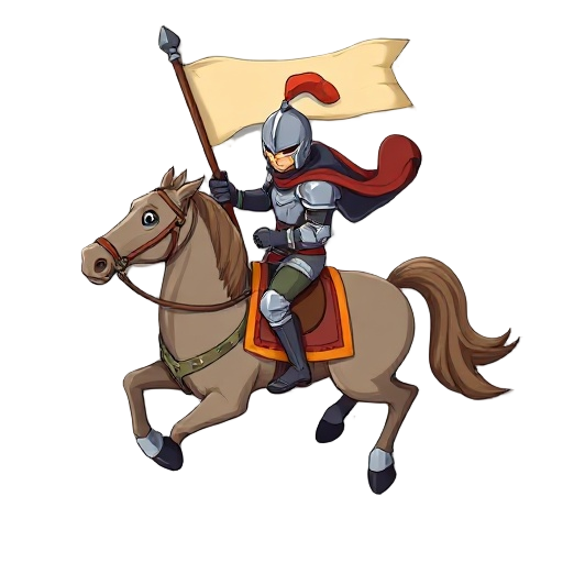 fantasy knight riding a galloping horse holding a waving banner