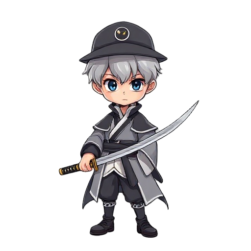a gray-haired boy dressed in gray and white princely robes with a bowler hat on his head. he wields a katana.
