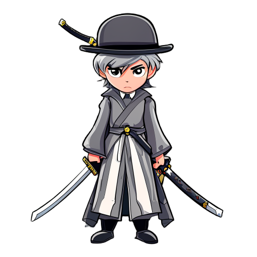 a gray-haired boy dressed in gray and white princely robes with a bowler hat on his head. he wields a katana.