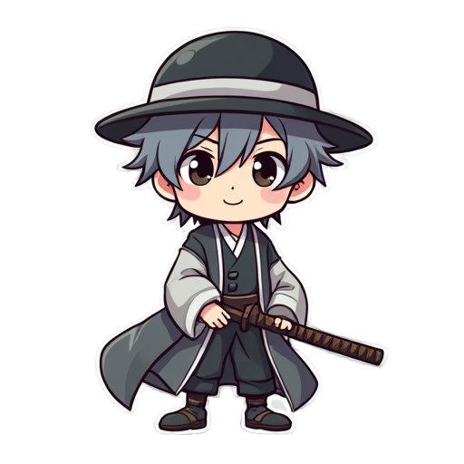 a gray-haired boy dressed in gray and white princely robes with a bowler hat on his head. he wields a katana.