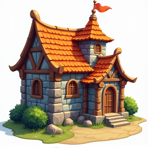 medieval fantasy building with orange-tiled roofs, stone walls, and wooden beams