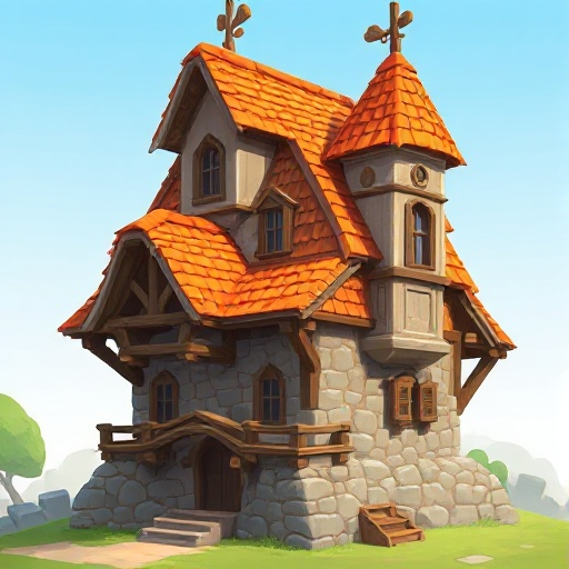 medieval fantasy building with orange-tiled roofs, stone walls, and wooden beams