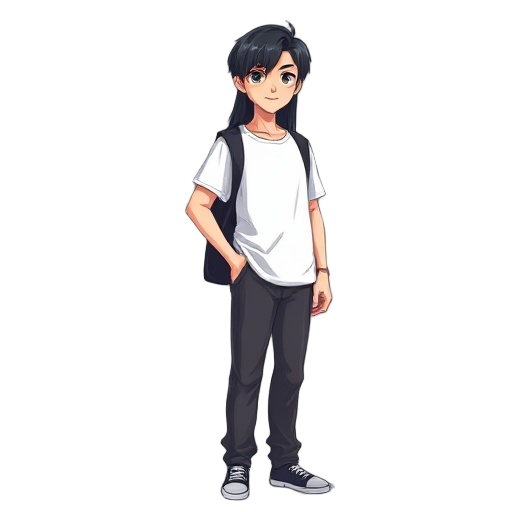 a college student with long black hair, long pants and white t-shirt