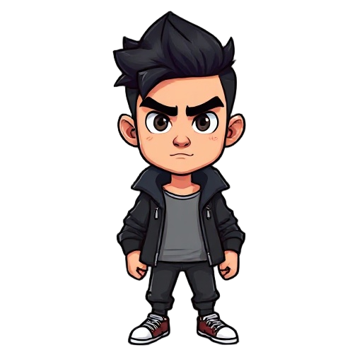 um personagem masculino jovem , com cabelo preto bagunçado e expressão séria determinada. 