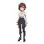 woman, short brown hair, grey outfit tied at waist, white shirt, futuristic style