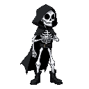 create for me a white skeleton, with a black cloak, with white gloves, black hood and black leather boots, let him look to the right
