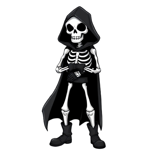 create for me a white skeleton, with a black cloak, with black gloves, black hood and black leather boots, let him look forward in possession t