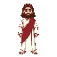  jesus christ, jesus has shoulder-length brown hair, and a short, well-kept beard. he is dressed in simple, humble white robes, with a distinct red sash draped gracefully over one shoulder. 