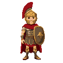 roman centurion. wears iconic segmented armor (lorica segmentata), a red cloak, and a helmet with a red crest.