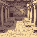 top-down interior of an ancient capernaum synagogue. rows of stone benches on a mosaic floor. stone columns line the room. a raised platform at the front. 16-bit rpg style.