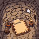 top-down of a humble bedroom in ancient capernaum. stone walls, a single sleeping mat on the floor, and a small oil lamp on a stool. cozy but sparse. 16-bit rpg style.