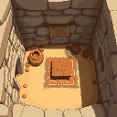 top down interior of a simple home stone walls, packed earth floor. contains a few clay pots, woven rugs, and a single wooden table.
