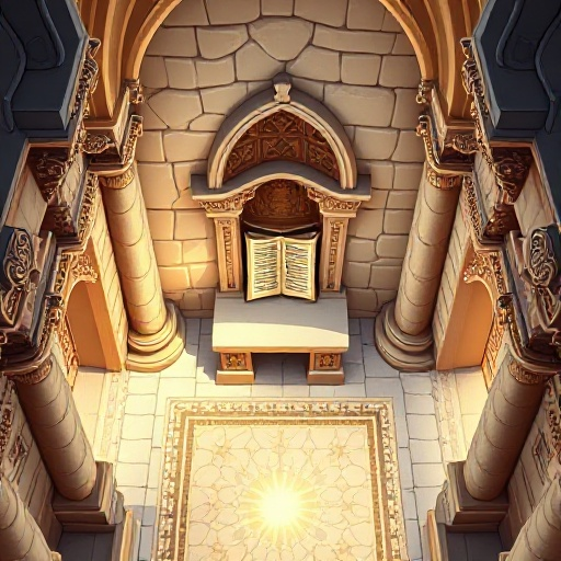 top-down of a synagogue hall. ornate stone carvings on the walls and columns. a decorated niche holds sacred scrolls. mosaic floor patterns. bright interior. rpg style.
