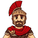roman centurion. wears iconic segmented armor (lorica segmentata), a red cloak, and a helmet with a red crest.