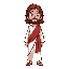  jesus christ, jesus has shoulder-length brown hair, and a short, well-kept beard. he is dressed in simple, humble white robes, with a distinct red sash draped gracefully over one shoulder. 