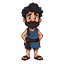 simon peter, a rugged fisherman. short, dark, curly hair and a thick beard. wears a simple blue tunic and brown sandals.