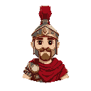 roman centurion. wears iconic segmented armor (lorica segmentata), a red cloak, and a helmet with a red crest.