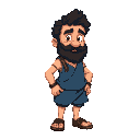  simon peter, a rugged fisherman. short, dark, curly hair and a thick beard. wears a simple blue tunic and brown sandals.