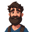 simon peter, a rugged fisherman. short, dark, curly hair and a thick beard. wears a simple blue tunic