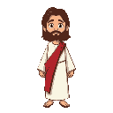  jesus christ, jesus has shoulder-length brown hair, and a short, well-kept beard. he is dressed in simple, humble white robes, with a distinct red sash draped gracefully over one shoulder. 