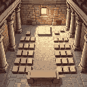 top-down interior of an ancient capernaum synagogue. rows of stone benches on a mosaic floor. stone columns line the room. a raised platform at the front. 16-bit rpg style.