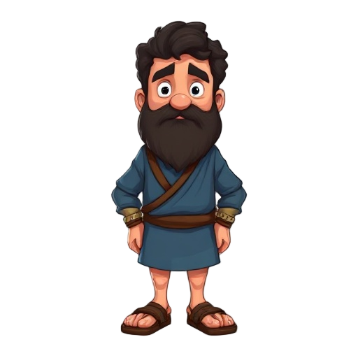  simon peter, a rugged fisherman. short, dark, curly hair and a thick beard. wears a simple blue tunic and brown sandals.