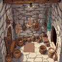 top-down of a fisherman's house in galilee. stone interior with fishing nets hanging on the walls and baskets on the floor. humble and rustic.