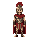 roman centurion. wears iconic segmented armor (lorica segmentata), a red cloak, and a helmet with a red crest.