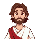  jesus. shoulder-length brown hair, short beard. wears simple white robes and a red sash draped over one shoulder