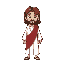  jesus christ, jesus has shoulder-length brown hair, and a short, well-kept beard. he is dressed in simple, humble white robes, with a distinct red sash draped gracefully over one shoulder. 
