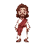  jesus christ, jesus has shoulder-length brown hair, and a short, well-kept beard. he is dressed in simple, humble white robes, with a distinct red sash draped gracefully over one shoulder. 