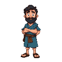  simon peter, a rugged fisherman. short, dark, curly hair and a thick beard. wears a simple blue tunic and brown sandals.