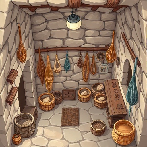 top-down of a fisherman's house in galilee. stone interior with fishing nets hanging on the walls and baskets on the floor. humble and rustic.
