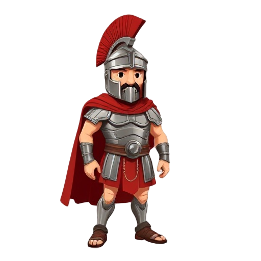 roman centurion. wears iconic segmented armor (lorica segmentata), a red cloak, and a helmet with a red crest.